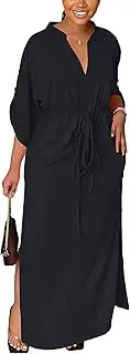 [Fooullaide] Womens Casual Loose Fit Half Sleeve V Neck Maxi Long Dress High Waist Drawstring Side Slit Elegant Party Dresses
