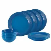 Le Creuset Dinnerware Set Blue 12-Piece Serves 4 Stoneware Plates Bowls