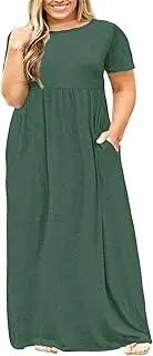 [Nemidor] Women Short Sleeve Loose Plain Casual Plus Size Long Maxi Dress with Pockets (26, Green)