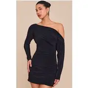 Black Double Layer Slinky Asymmetric Off The Shoulder Mini Dress, Black