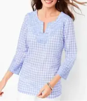 Talbots Size M Gingham Embroidered Tunic Top Blue V Neck Boho NWT