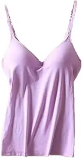 XWSM Women V Neck Camisole Tank-Top Built-in Bra Padded Cotton Undershirt Spaghetti Strap Camisoles Sport Yoga Pajama (Color : Purple, Size : S/Small), Purple