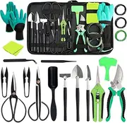 KouPoTop Gardening Bonsai Tools Set, 25 PCS Carbon Steel Indoor Outdoor Plant Trimming Tool Kit Tree Care Bag with Bonsai Wire, Pruning Shears,Scissors, Rake, Shovel, Leaf Cutters for Beginner