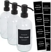 Harbour Housewares 3X Glass Soap Dispensers with Labels - 500ml - Clear/Black - Bathroom Kitchen Shampoo Shower Gel Liquid Hand Wash Foam Pump Bottle