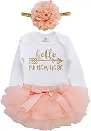 [LilPinkGoose] Newborn Baby Girl Coming Home Outfit Hello I am New here Bodysuits 3pcs (Newborn)