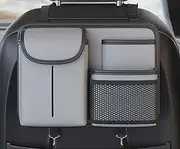 GDGZJJD Premium Leather Car Seat Back Organizer with Cup and Tissue Holder, Multi-Pocket Storage with Adjustable Straps for SUVs, Trucks, Sedans (Grey)