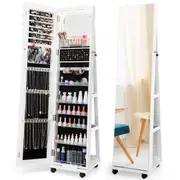 Giantex 3-in-1 Mobile Jewelry Cabinet LED Light Lockable Jewelry Organiser Full-Length Mirror w/Adjustable Shelves, White