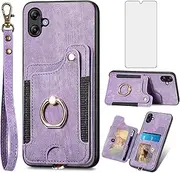 [Asuwish] Phone Case for Samsung Galaxy A04e Wallet Cover with Tempered Glass Screen Protector and Wrist Strap Lanyard RFID Credit Card Holder Ring Stand Cell Accessories AO4e A 04e Girl Women Purple