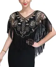 [changyexi] 1920s Vintage Lace Sequined Shawl, Women Wraps and Shawls Formal,Black Fringe Trim, Gold Floral Evening Wrap