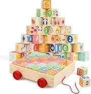 Joqutoys ABC Wooden Blocks Cart, Wooden Alphabet Blocks Set for Toddlers 1-3, 30 Pieces Stack and Build Blocks Come in a Pull Wagon, Educational Wooden Toy for Boys Girls Gifts 1.65"