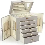 KAMIER Jewelry Box for Women, 6-Layer Large Jewelry Organizer Box with Mirror & 5 Drawers for Rings, Earrings, Necklaces, Bracelets,Gray
