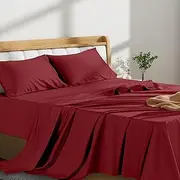 LINENOVA 4 Piece Double Bed Sheet Set- 1200TC Ultra-Soft Microfibre Bed Sheets - Fitted Sheet & Flat Sheet & 2 Pillowcases- Wrinkle, Fade, Stain Resistant - Deep Pocket (Burgundy, Double)