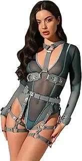 [FBIEE88TR] Punk Gothic Full Cage Leather Body Belt for Women, Sexy Chain Harness Chest Leg Harness Lingerie Set(Blue)