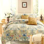 NEW! ~ COZY CHIC BLUE TEAL AQUA GREEN PINK BROWN YELLOW LEAF TROPICAL QUILT SET