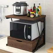 Countertop 2 Tier Wooden Microwave Stand Shelf with Drawer Kitchen Storage Shelf Organizer Rack Home Office Storage Stand Rack for Printer and Microwave