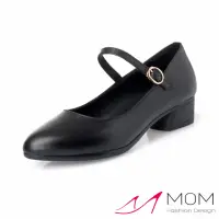 在飛比找momo購物網優惠-【MOM】真皮跟鞋 粗跟跟鞋 一字跟鞋/真皮純色一字釦帶經典