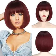 Short Wine Red Bob Wig with Bangs Straight Burgundy Wig Bob for Women Short Straight Wig Natural Looking for Daily and Party Carnival Wigs