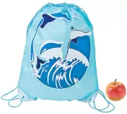 DOLPHIN PARTY Backpack Dolphins Blue Back Pack Drawstring Fun School Beach Bag