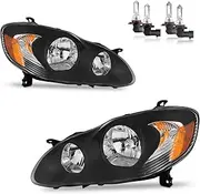 KarSpareHub Headlights Assembly for 2003-2008 Toyota Corolla Headlamp Replacement Clear Lens Black Housing Amber Reflector Driver & Passenger Side