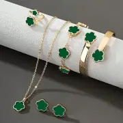 Women's 5pcs Lucky Clover Design Bracelet, Necklace, Earrings, Bangle, Ring Set