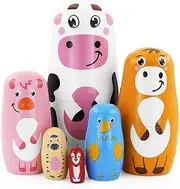 Boerni Set of 6 Animal Wooden Nesting Doll,Cartoon Cow Cattle Chicken Zebra Bird Farm Handmade Russian Matryoshka Dolls Stacking Toy for Kids Gift Easter Christmas Birthday Party Home Décor