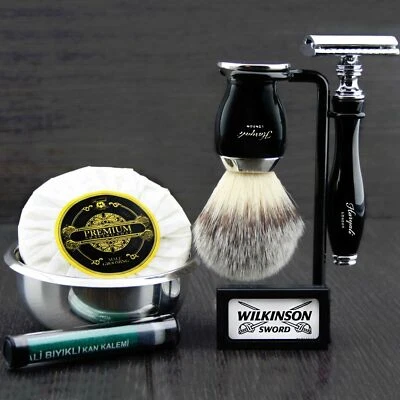 Barber 6 Piece Men's Shaving Set ft DE Safety & Synthetic Brush Gift Kit HARYALI