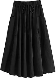 [Generic] Women’S Boho Elastic Waist Asymmetric Maxi Long Skirt Dress Pleated A-Line Flowy Swing Beach Skirt with Pockets