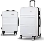 [Wanderlite] Luggage Set 2pcs White Trolley Suitcase Hand Luggages Hard Case Shell, Storage Organiser Travel Strap Bag Carry on Adult Kids, Lightweight Roller 4 Universal Wheels