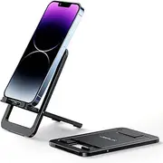 JSAUX Cell Phone Stand, Foldable Aluminum Adjustable Phone Holder for Desk Portable Travel Holder Office Desk Accessories Compatible for iPhone 15 14 13 12 11 Pro Max X Samsung S24 S23 Steam Black
