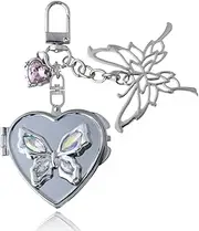 [Kefley] Y2K Butterfly Compact Mirror Keychain Aesthetic Rhinestone Butterfly Handbag Purse Charm Keychains Silver Metal Heart-Shaped Locket Pocket Mirror Key Chain Clip Mini Travel Makeup Keychain for Women