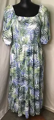 AUTOGRAPH OFF WHITE “PALM FRONDS” SHIRRED TIERED HEM MIDI DRESS SZ 24 NEW STOCK