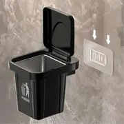 Stainless Steel Wall-Hanging Ashtray with Lid Trash Can-Shaped Bathroom Living Room Fly Ash-Proof Punch-Free Bathroom A Black
