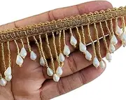 2.25 Inch Pearl Beaded Drop Fringe Trim – Decorative Golden Lace with Teardrop Beads – Available in 1, 3, 6 Yard – Ideal for Saree, Dresses, Curtains, DIY Craft Embellishments (3)