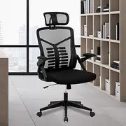 Ufurniture Ergonomic Office Chair, High Back Computer Desk Chair, Adjustable Back Mesh Chair with Lumbar Support, Headrest and Flip-up Armrest, for Living Room Home Office Study, Black