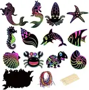 Pack of 36 Leaves Sea Animals Scratch Pictures for Children Scratch Paper Rainbow Scratch Art with Wooden Pens Ropes DIY Sea Animals Drawing Crafts Children's Birthday Party Bags