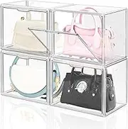 DILIBRA 4 Packs Clear Plastic Handbag Storage Organizer for Closet, Acrylic Display Box for Handbag, Stackable Storage Boxes Bag Organizer with Magnetic Door for Purse Clutch Wallet Book Toys