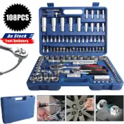 108PCS Tool Kit Socket Hand Set 1/2" 1/4" Ratchet Spanner Wrench Metric Driver