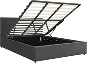 OIKITURE Bed Frame Gas Lift Base with Storage Space, Wooden Bed Frame Platform with Velvet Fabric Headboard, Capacity 280KG Easy Assembly, 208.5x183x98CM, Grey