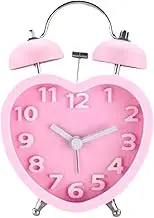 Monicca US 3in 3D Dial Loud Twin Bell Alarm Clock Silent Analog Quartz Nightlight Clock Heart Shape Pink