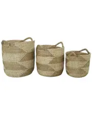CosmoLiving by Cosmopolitan Set Of 3 Brown Seagrass Handmade Two Toned Storage Basket With Handles