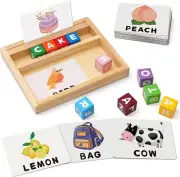 Wooden Blocks Spelling Game, Color Alphabet Letters Matching Flash Cards ABC Sig