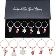 [SUNNYCLUE] 1 Box 6pcs Christmas Wine Bottle Charms Wine Glass Drink Charms Funny Red Gold Deer Stock Tree Charm Bulk for Champagne Party Favors Stem Glasses Wedding Birthday Home Decor Family Gathering