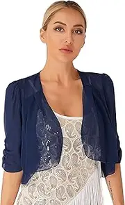 [Riismen] Women's Open Front Bolero Shrug Wedding Party Chiffon Cardigan 3/4 Ruffle Sleeve Cover Up