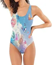 [Joisal] Ocean Life Dolphins Blue Swimsuit Women One Piece, Colorful Butterflies Clouds, X-Large