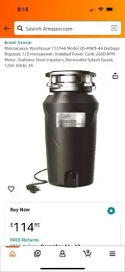 Maintenance Warehouse 113744 Model US-MW5-44 1/3HP Garbage Disposal W/Power Cord