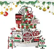 Christmas Tiered Tray Decorations Set | Wooden Gnome Sign Christmas Decor | Rustic Farmhouse Christmas Decor | Decorative Trays Signs Table Centerpiece | 14 Pieces Decorative Christmas Trays