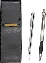 Eco Leather Pen Case with Metal Indicator Stick and Metal & Pitch Grip Ballpoint Pen Silver BR-701S-WZS2062BP