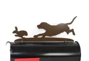 Beagle Hunting Dog Chasing Rabbit Metal Mailbox Topper 7.5 Inches Tall Brown