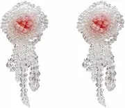 [RYEPOLNIX] Handmade Earrings Pink Stamens Clear Beaded Tassel Earrings Holiday Summer Beach Sweet Cute Cool Girls Party Earrings/611