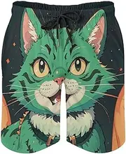 [RKJVB] Mens Swim Trunks with Mesh Lining Anime Green Cat Beach Shorts Quick Dry Drawstring Board Shorts with Pocket, Anime Green Cat, Medium